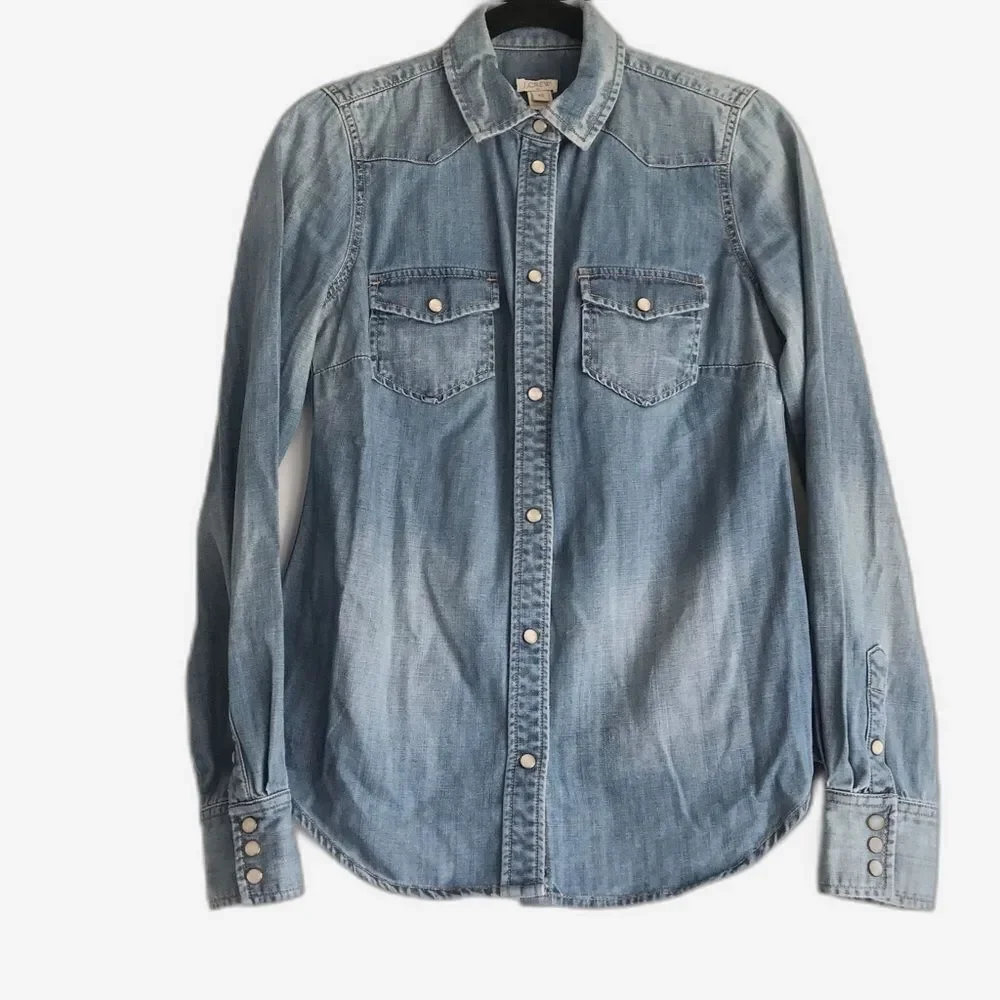 J. Crew Western Denim Snap Front Buttondown Shirt Women's Size Extra Small XS